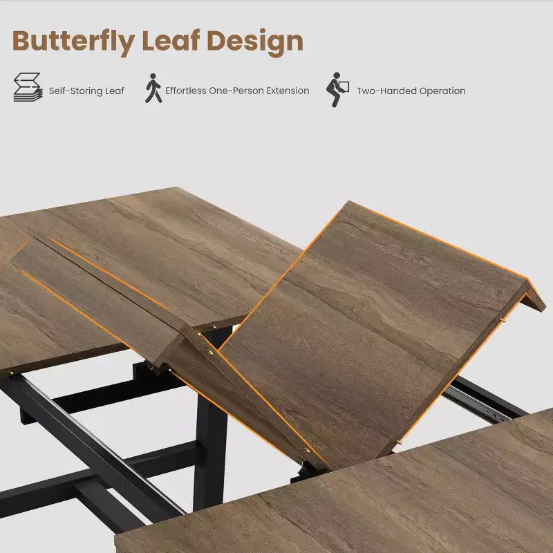 63-83 Extendable Dining Table, Industrial Rectangular Table for 6-8 People, Rustic Brown Expandable Kitchen Table with Heavy Duty Metal Frame