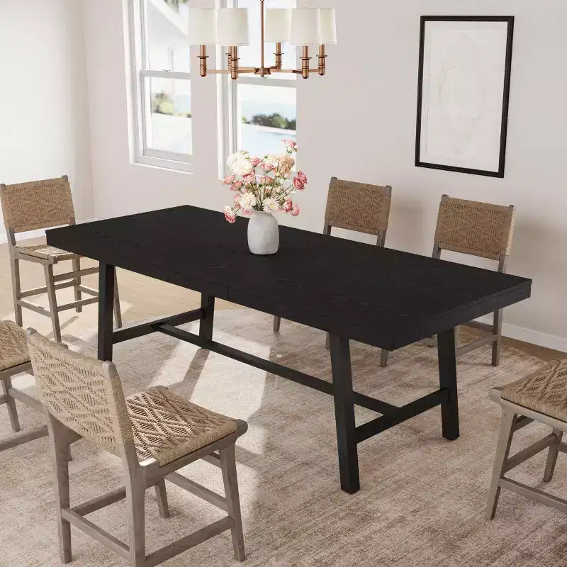 63-83 Extendable Dining Table, Industrial Rectangular Table for 6-8 People, Rustic Brown Expandable Kitchen Table with Heavy Duty Metal Frame