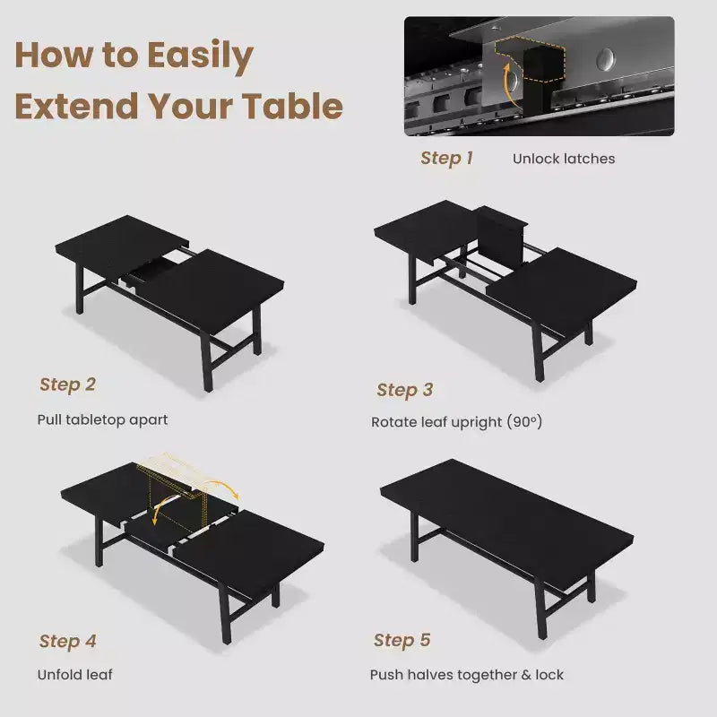 63-83 Extendable Dining Table, Industrial Rectangular Table for 6-8 People, Rustic Brown Expandable Kitchen Table with Heavy Duty Metal Frame