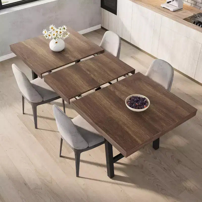 63-83 Extendable Dining Table, Industrial Rectangular Table for 6-8 People, Rustic Brown Expandable Kitchen Table with Heavy Duty Metal Frame