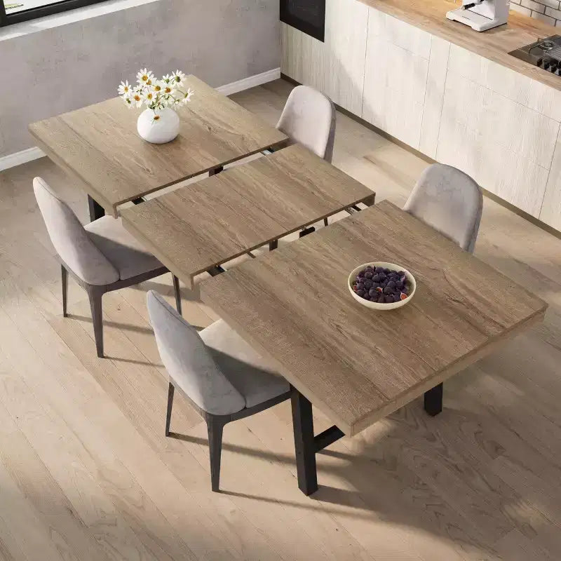 63-83 Extendable Dining Table, Industrial Rectangular Table for 6-8 People, Rustic Brown Expandable Kitchen Table with Heavy Duty Metal Frame