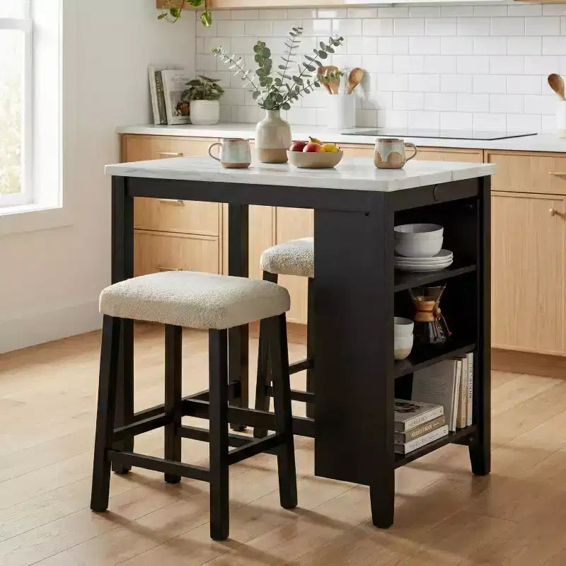 3-Piece High Gloss Dining Set with USB Charging Ports and Boucle Upholstered Stools