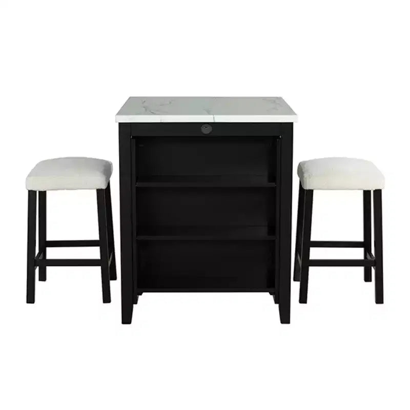 3-Piece High Gloss Dining Set with USB Charging Ports and Boucle Upholstered Stools