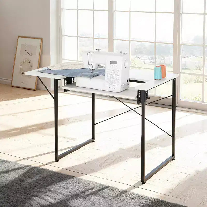 Multipurpose Sewing Machine Table with Foldable Side Shelf, Adjustable Shelf, Steel Legs, White