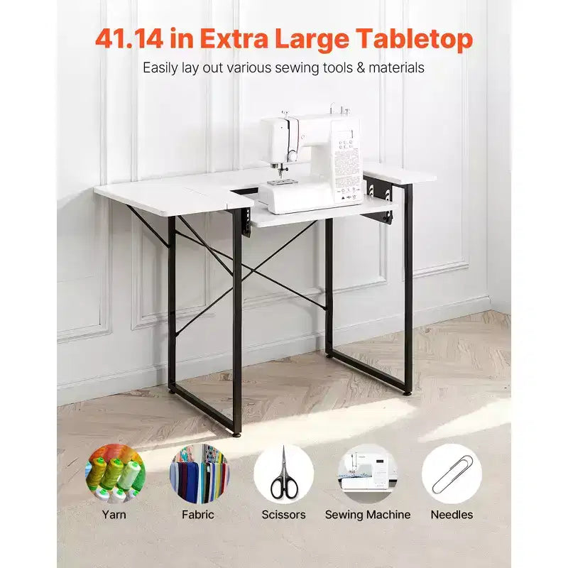 Multipurpose Sewing Machine Table with Foldable Side Shelf, Adjustable Shelf, Steel Legs, White