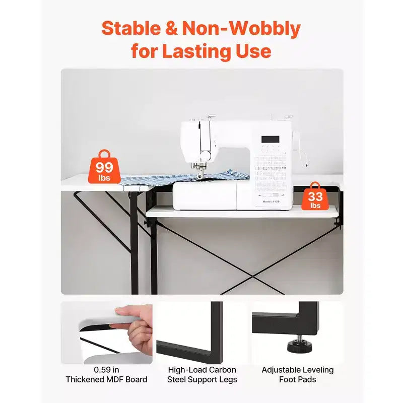 Multipurpose Sewing Machine Table with Foldable Side Shelf, Adjustable Shelf, Steel Legs, White