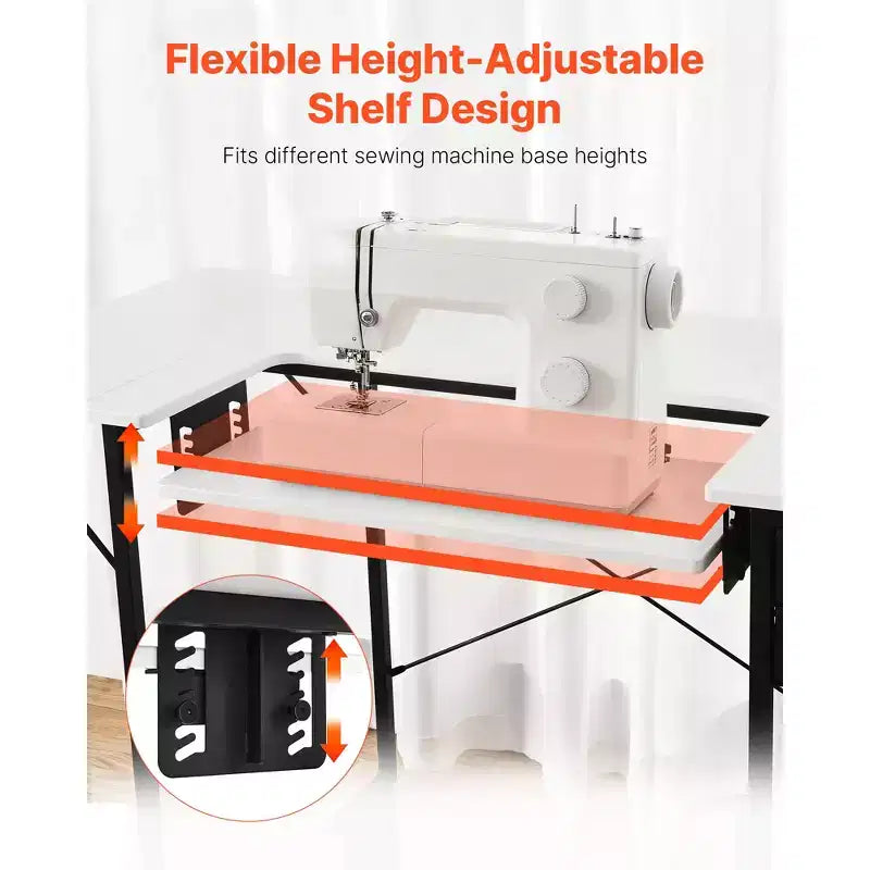 Multipurpose Sewing Machine Table with Foldable Side Shelf, Adjustable Shelf, Steel Legs, White