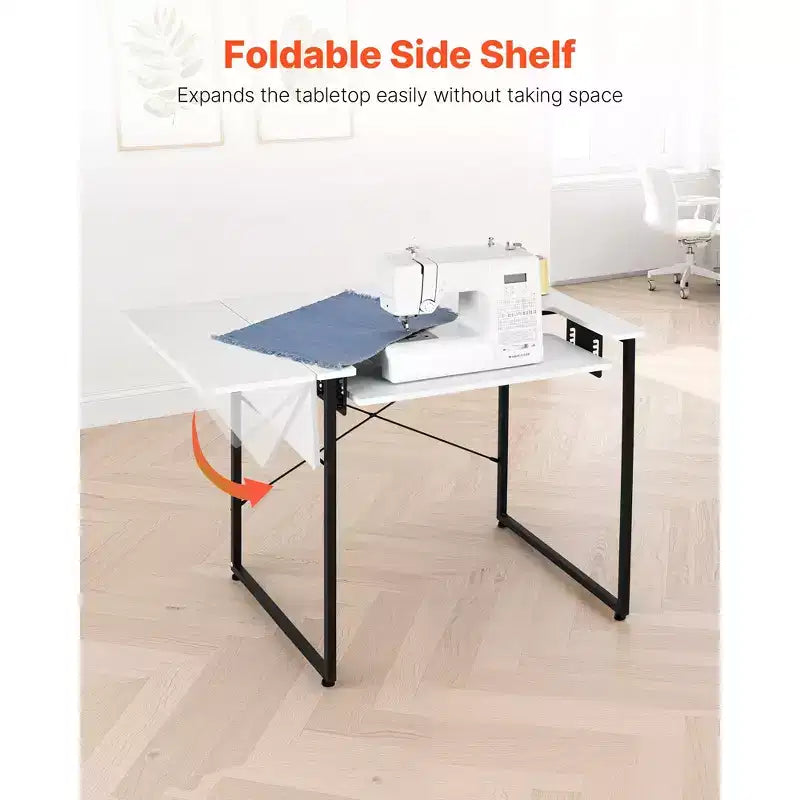 Multipurpose Sewing Machine Table with Foldable Side Shelf, Adjustable Shelf, Steel Legs, White