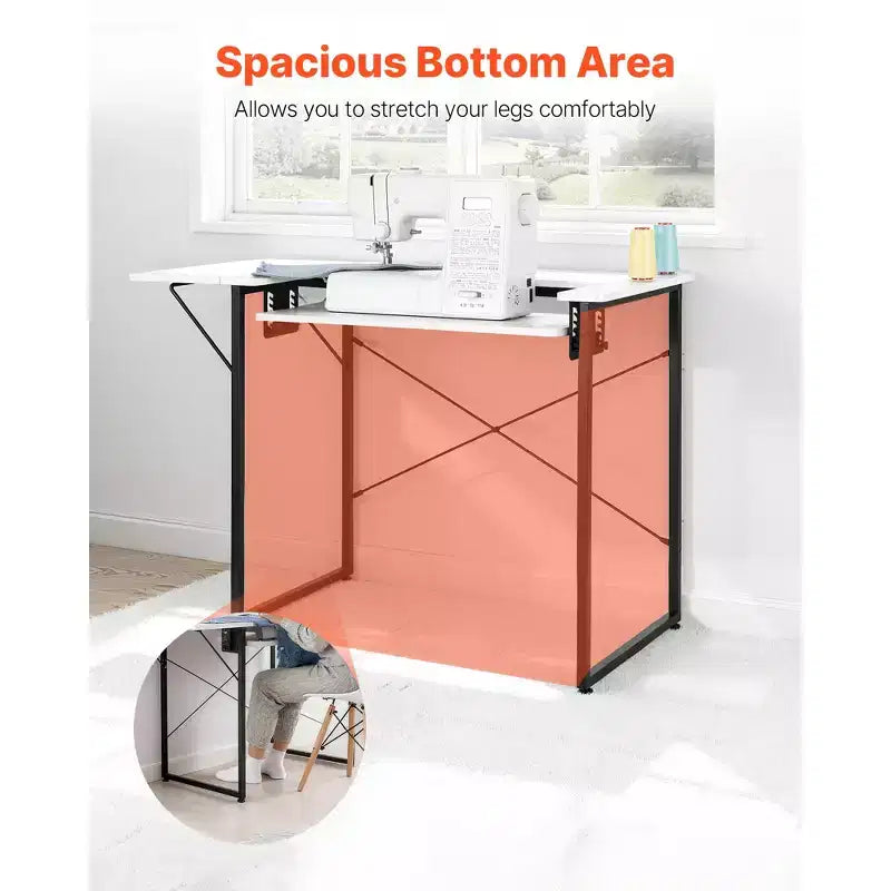 Multipurpose Sewing Machine Table with Foldable Side Shelf, Adjustable Shelf, Steel Legs, White