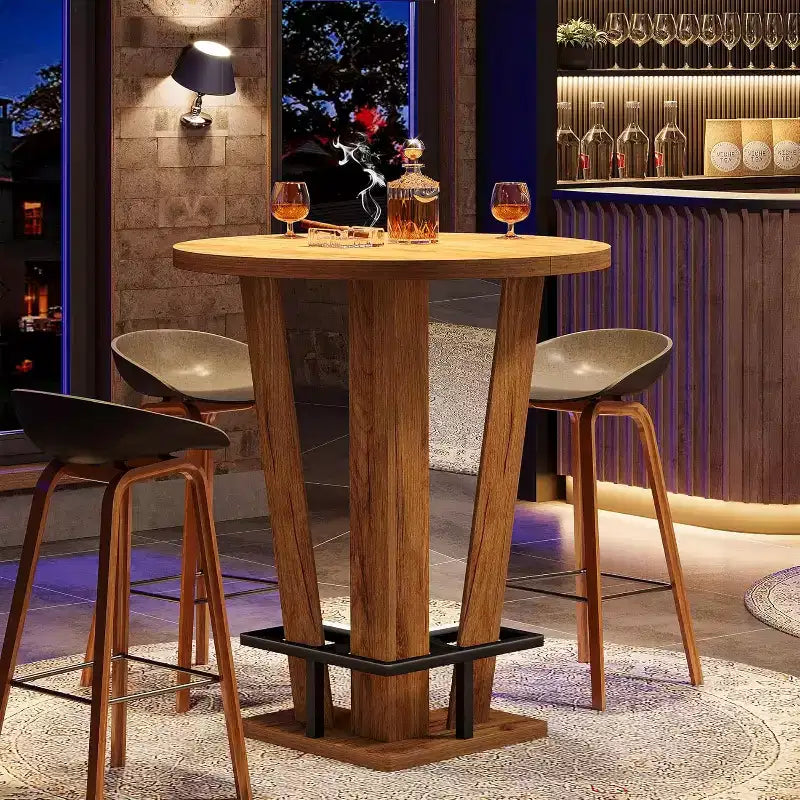 Round High Top Bar Table 39.4" H, Cocktail Bistro Pub Table with Metal Footrest, Brown