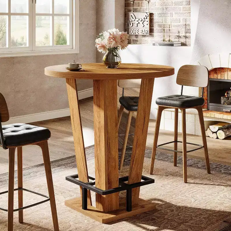 Round High Top Bar Table 39.4" H, Cocktail Bistro Pub Table with Metal Footrest, Brown