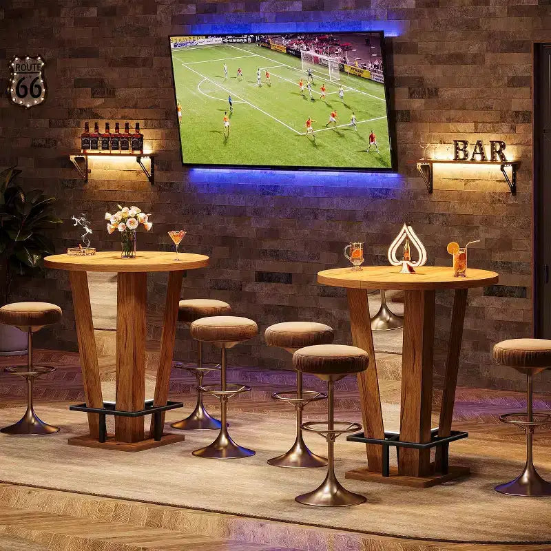 Round High Top Bar Table 39.4" H, Cocktail Bistro Pub Table with Metal Footrest, Brown