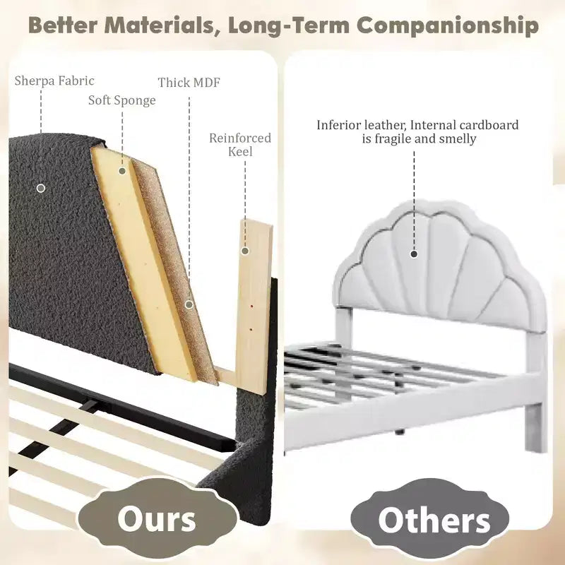 Upholstered Platform Bed Frame for Kids ,Cute soft or Boucle Headboard