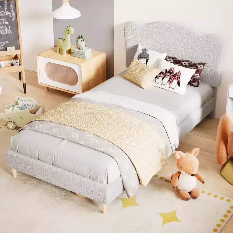 Upholstered Platform Bed Frame for Kids ,Cute soft or Boucle Headboard