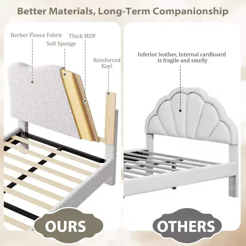 Upholstered Platform Bed Frame for Kids ,Cute soft or Boucle Headboard