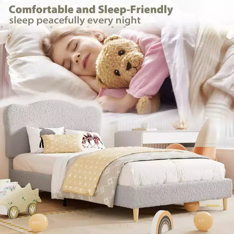 Upholstered Platform Bed Frame for Kids ,Cute soft or Boucle Headboard