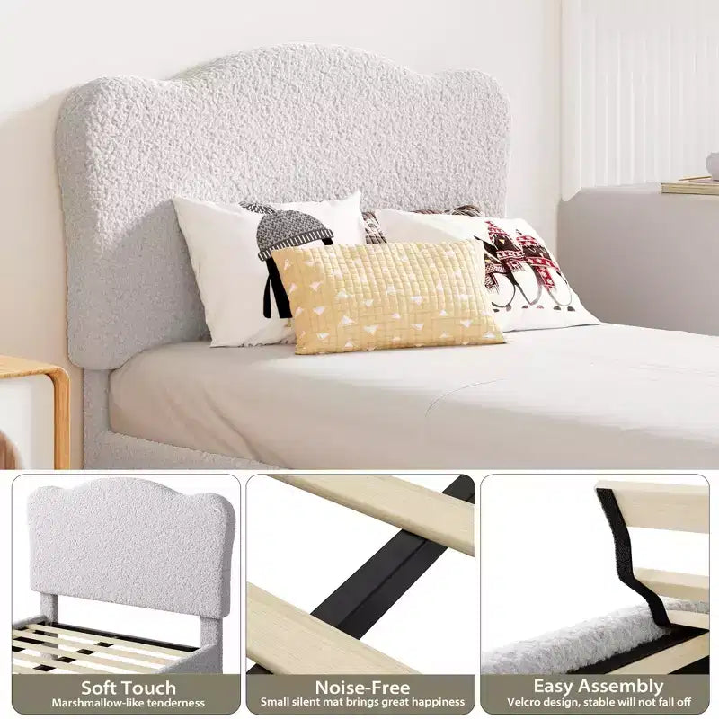 Upholstered Platform Bed Frame for Kids ,Cute soft or Boucle Headboard