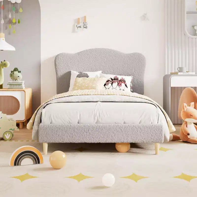 Upholstered Platform Bed Frame for Kids ,Cute soft or Boucle Headboard