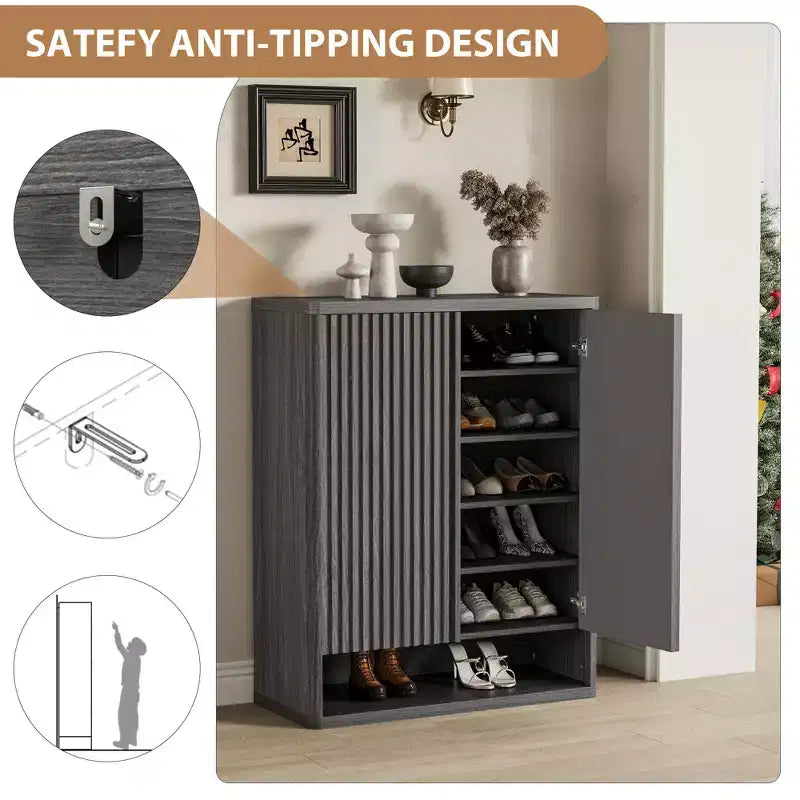 Modern Wooden Shoe Cabinet 31.5 with Adjustable Shelves, Fluted Door  Large Entryway Shoe Organizer, Holds 2530 Pairs, for Hallway or Living Room