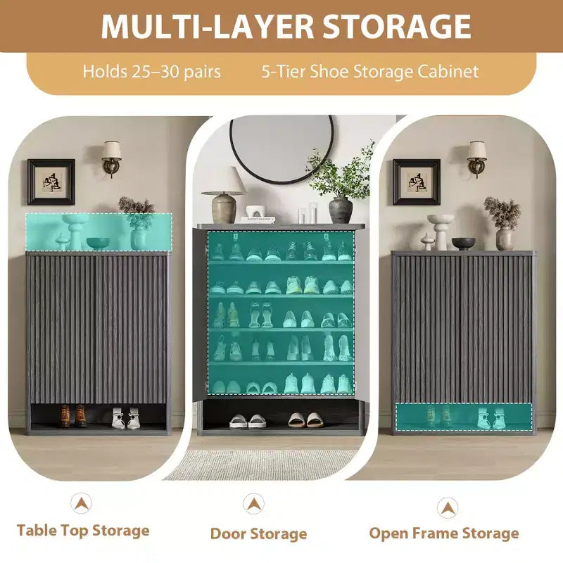 Modern Wooden Shoe Cabinet 31.5 with Adjustable Shelves, Fluted Door  Large Entryway Shoe Organizer, Holds 2530 Pairs, for Hallway or Living Room