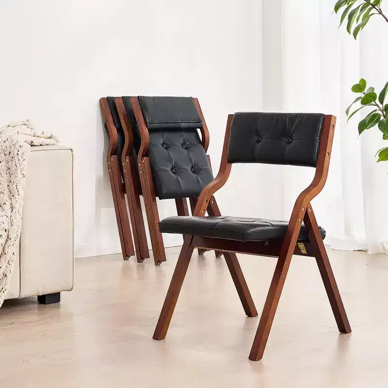 Wooden Folding Chairs with Leather Cushion, Set of 2, Black