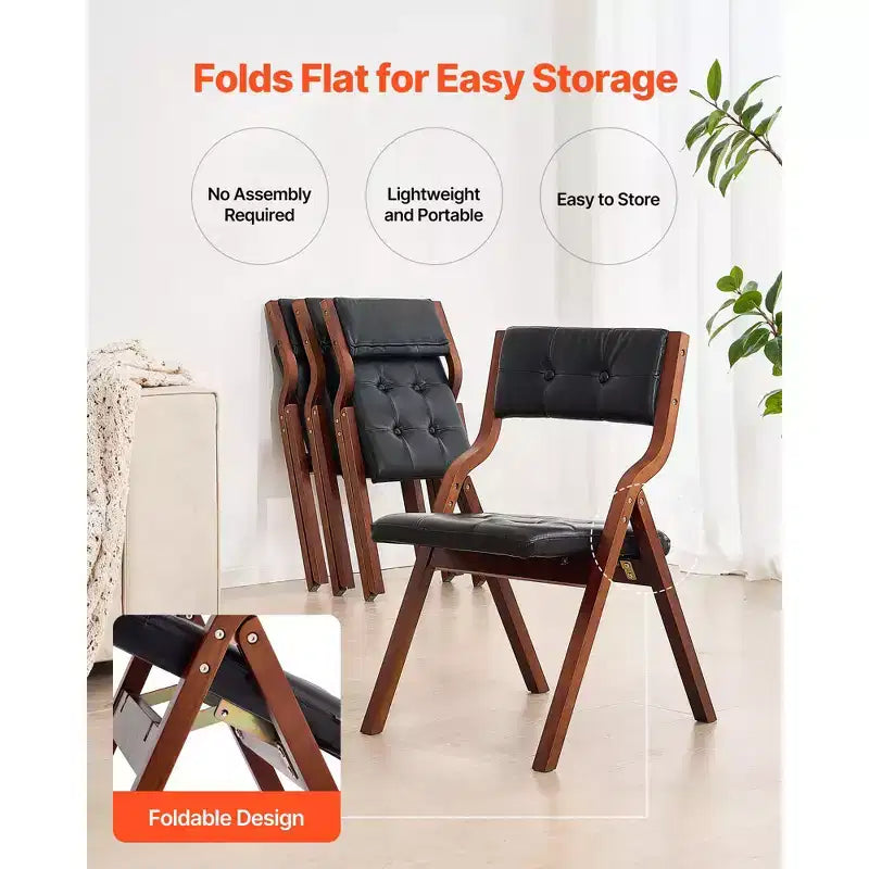 Wooden Folding Chairs with Leather Cushion, Set of 2, Black