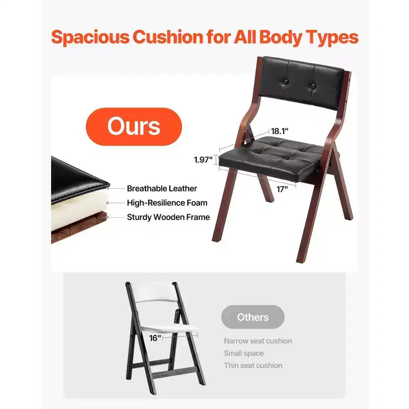 Wooden Folding Chairs with Leather Cushion, Set of 2, Black