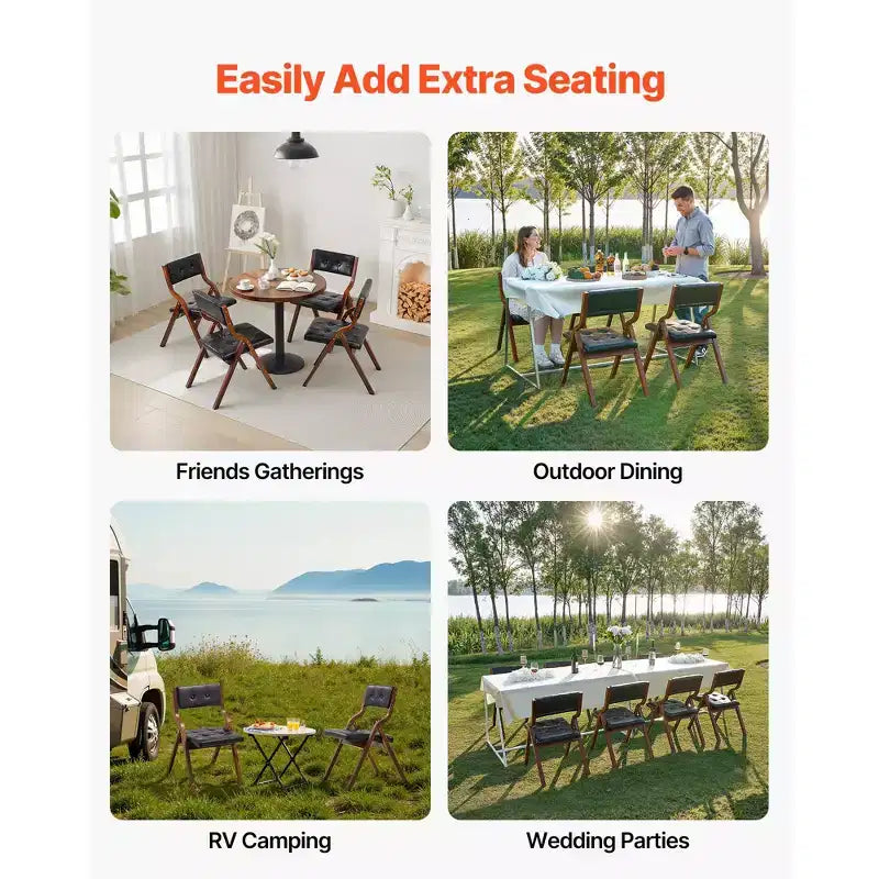 Wooden Folding Chairs with Leather Cushion, Set of 2, Black