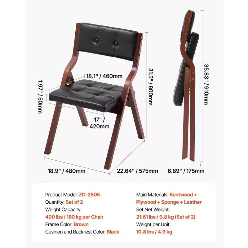Wooden Folding Chairs with Leather Cushion, Set of 2, Black