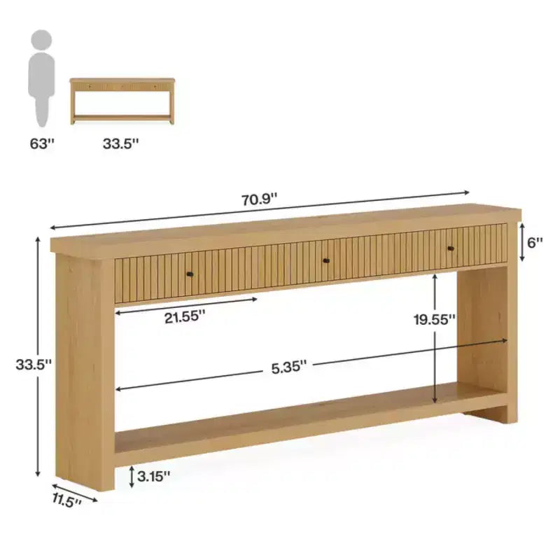 70-Inch Wood 3-Drawer Console Table, Japanese Minimalist Style