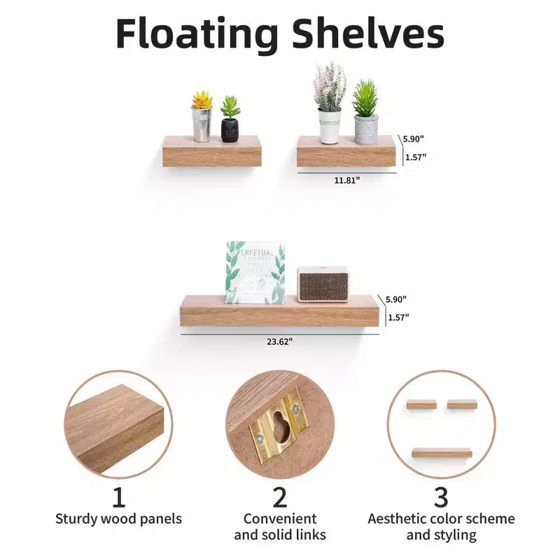Floating Wall Shelves with Invisible Brackets, Wood Storage for Bathroom, Bedroom, Living Room, Kitchen