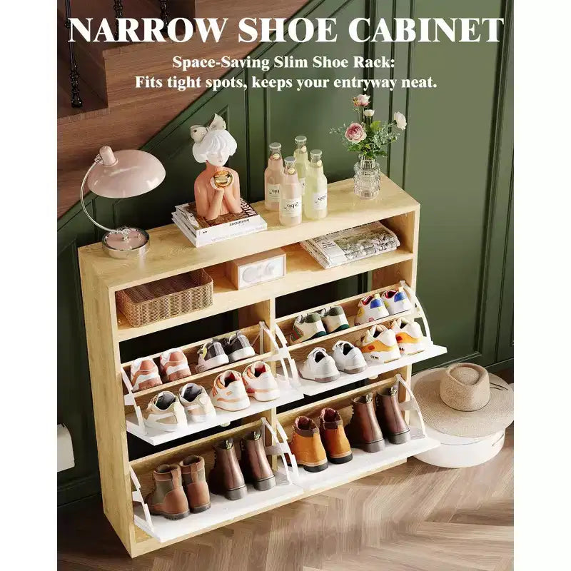 Narrow Wooden Entryway Shoe Cabinet with 4 Flip Drawers & Open Shelf, Freestanding Shoe Storage Organizer for Entryway, Hallway and Bedroom