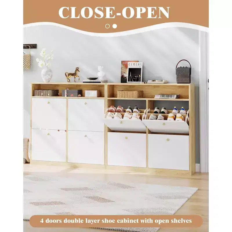 Narrow Wooden Entryway Shoe Cabinet with 4 Flip Drawers & Open Shelf, Freestanding Shoe Storage Organizer for Entryway, Hallway and Bedroom