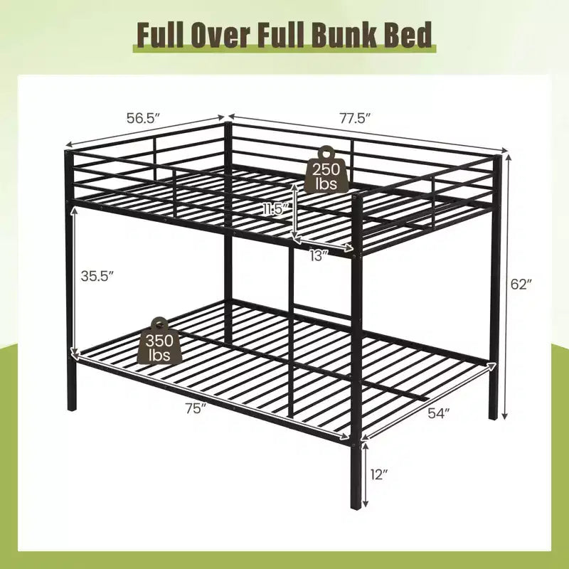 Full Over Full Metal Bunk Bed with Safety Guardrail, Black
