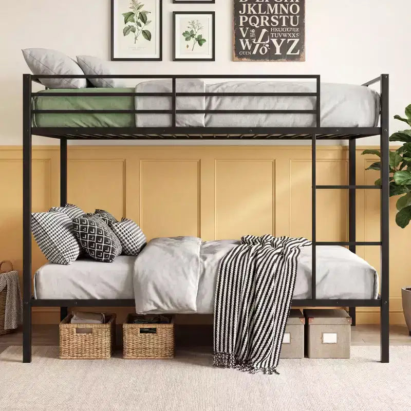 Full Over Full Metal Bunk Bed with Safety Guardrail, Black