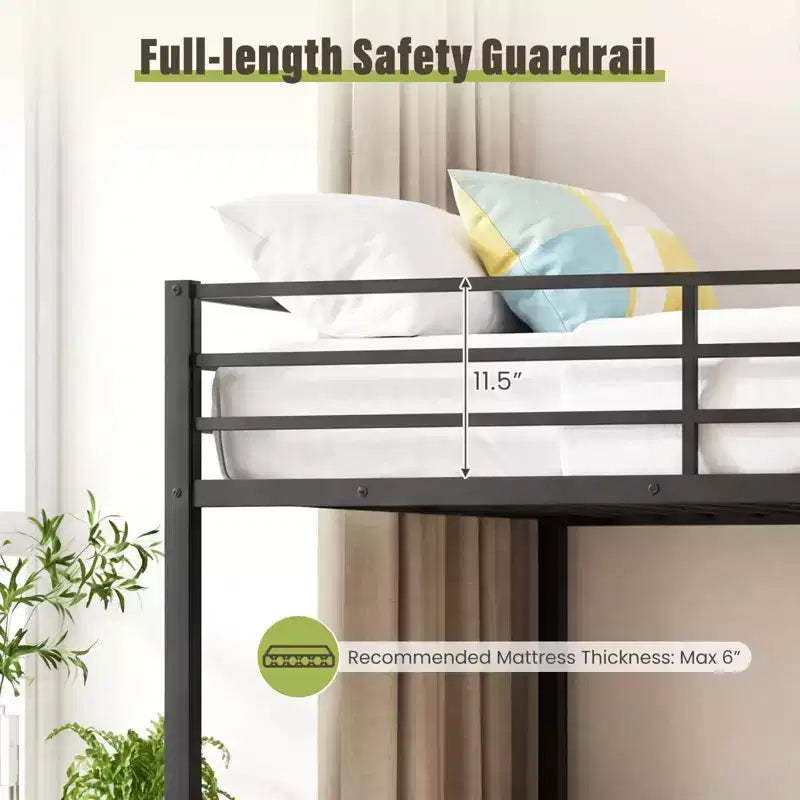 Full Over Full Metal Bunk Bed with Safety Guardrail, Black