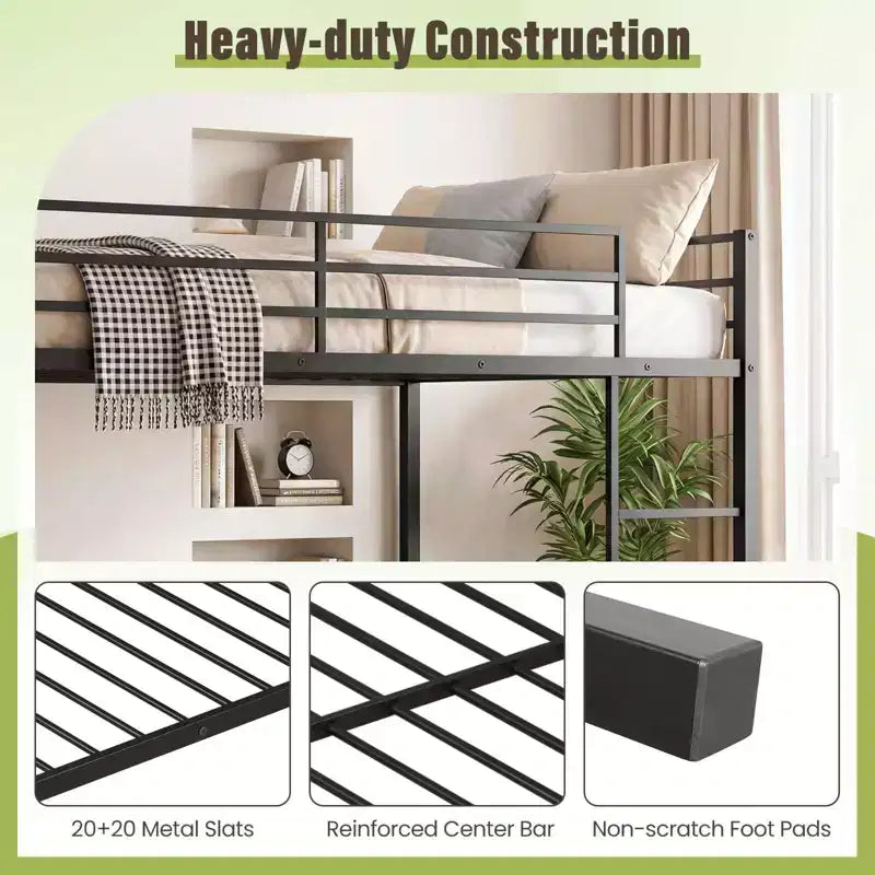 Full Over Full Metal Bunk Bed with Safety Guardrail, Black