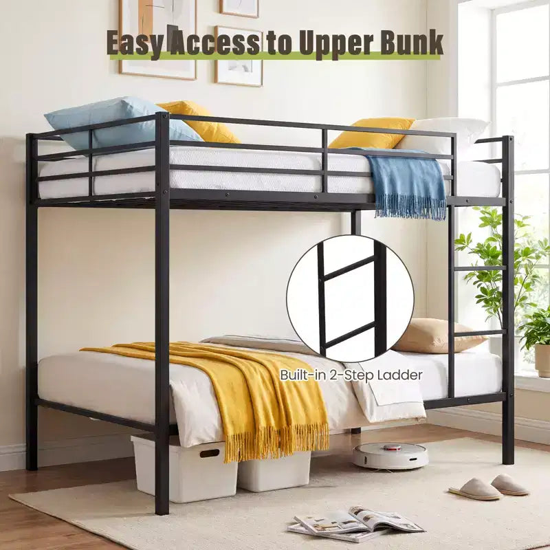 Full Over Full Metal Bunk Bed with Safety Guardrail, Black