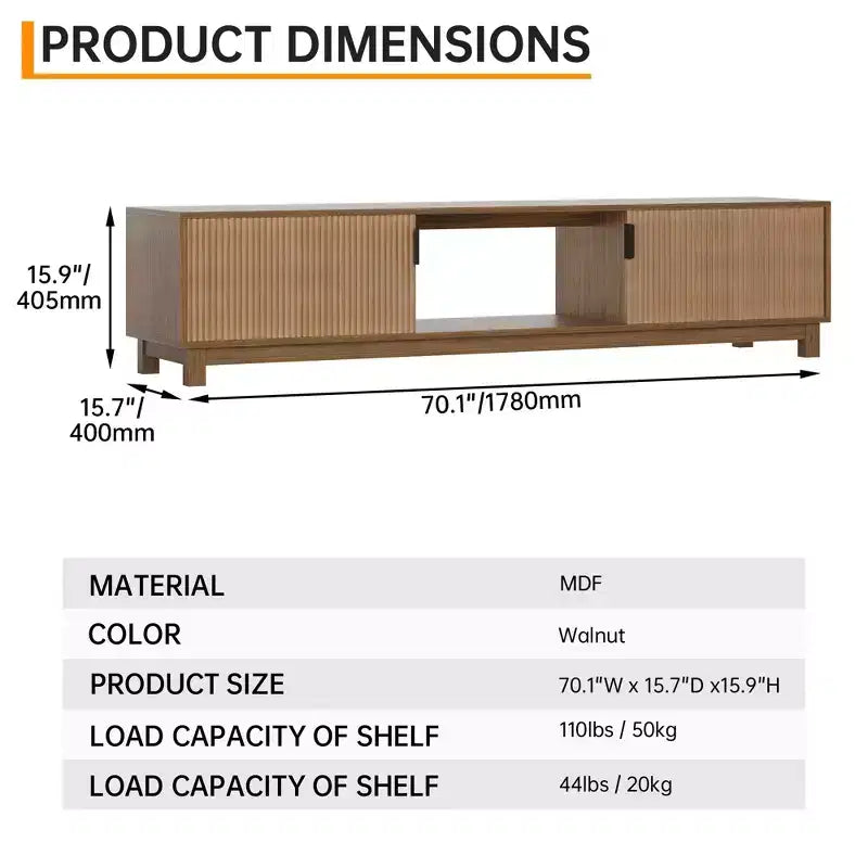 Fluted Mid-Century Modern TV Stand with Open-Shelf Storage, Walnut