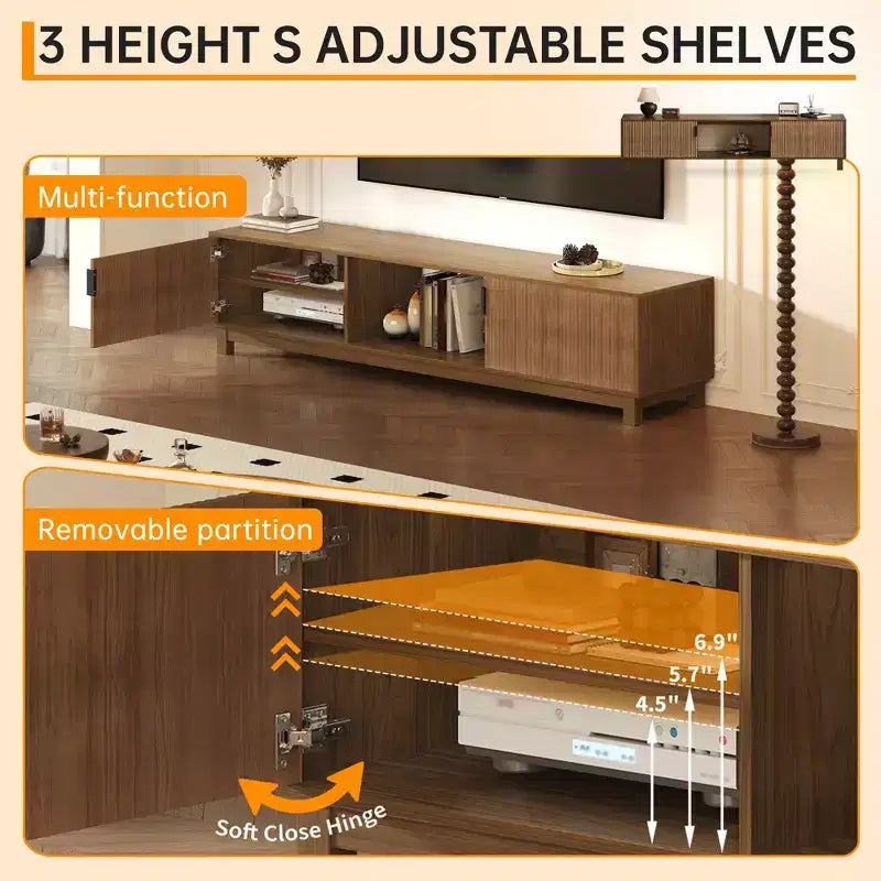 Fluted Mid-Century Modern TV Stand with Open-Shelf Storage, Walnut