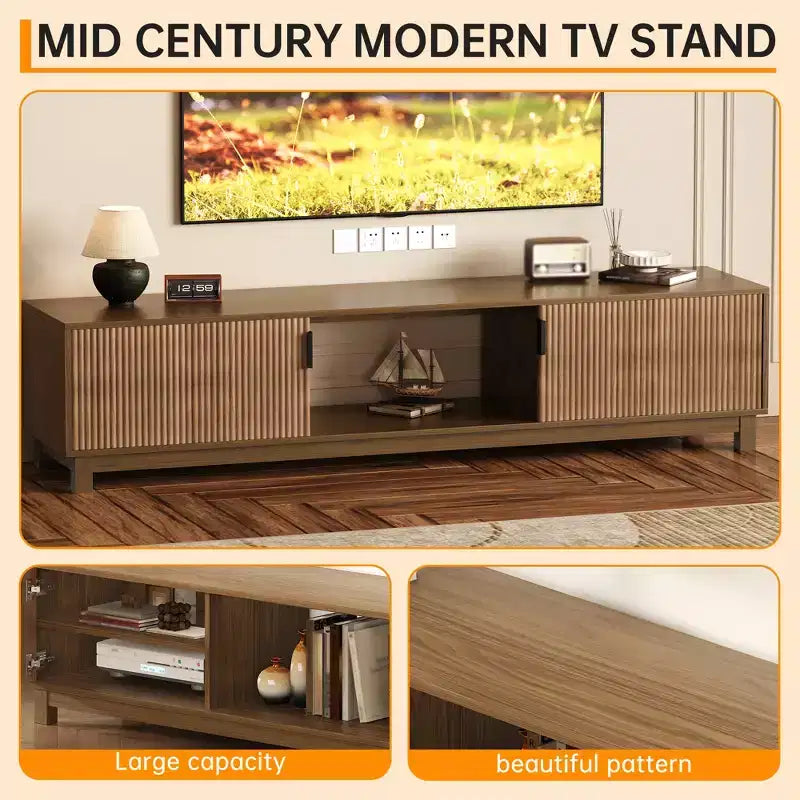 Fluted Mid-Century Modern TV Stand with Open-Shelf Storage, Walnut