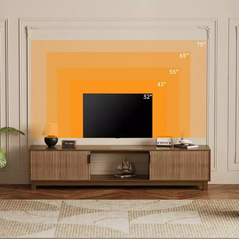 Fluted Mid-Century Modern TV Stand with Open-Shelf Storage, Walnut