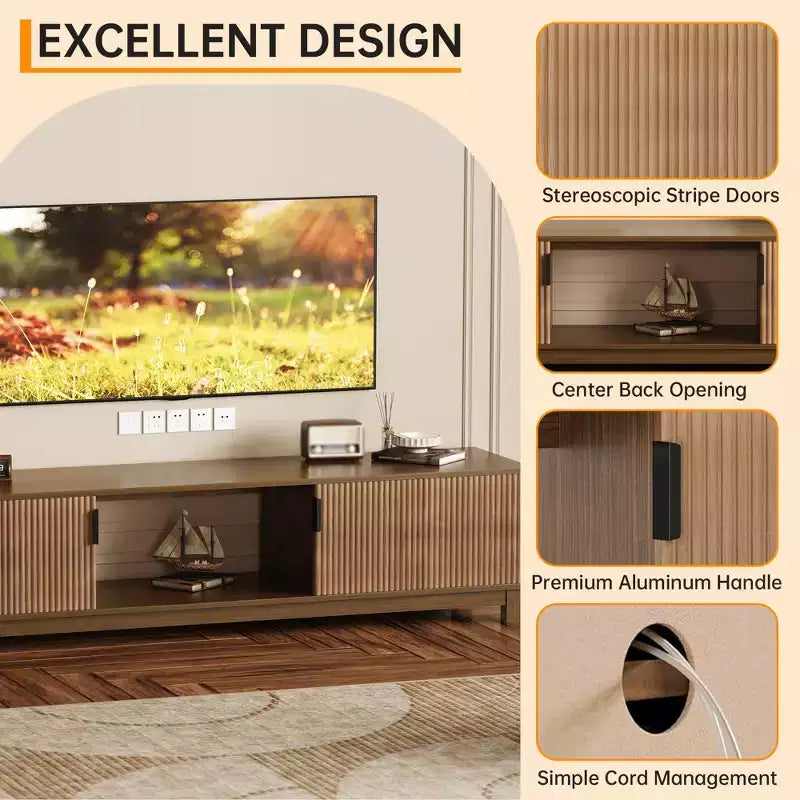 Fluted Mid-Century Modern TV Stand with Open-Shelf Storage, Walnut