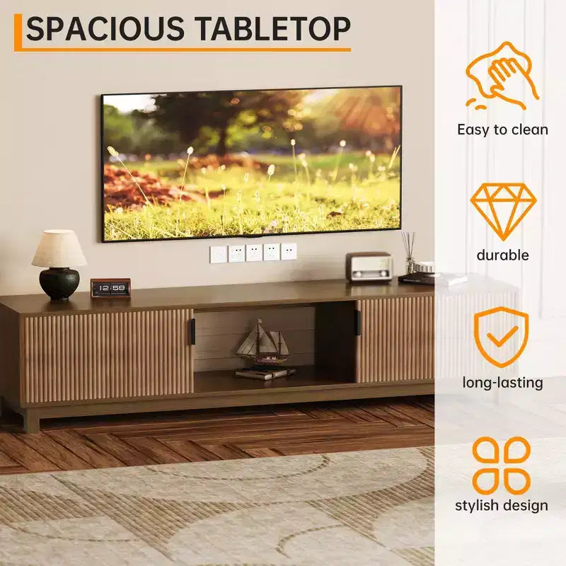 Fluted Mid-Century Modern TV Stand with Open-Shelf Storage, Walnut