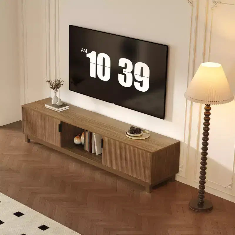 Fluted Mid-Century Modern TV Stand with Open-Shelf Storage, Walnut