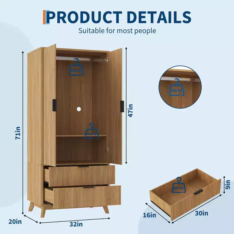 71 Wood Wardrobe Armoire with 2 Doors, Hanging Rod, Adjustable Shelf & 2 Drawers, Freestanding Bedroom Gym Closet Cabinet