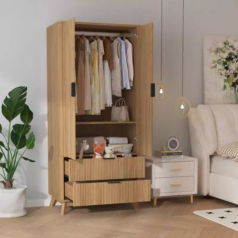71 Wood Wardrobe Armoire with 2 Doors, Hanging Rod, Adjustable Shelf & 2 Drawers, Freestanding Bedroom Gym Closet Cabinet
