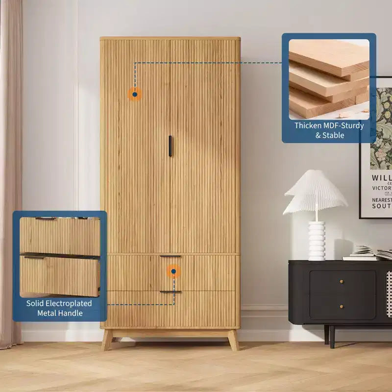 71 Wood Wardrobe Armoire with 2 Doors, Hanging Rod, Adjustable Shelf & 2 Drawers, Freestanding Bedroom Gym Closet Cabinet