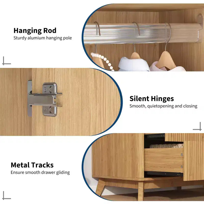 71 Wood Wardrobe Armoire with 2 Doors, Hanging Rod, Adjustable Shelf & 2 Drawers, Freestanding Bedroom Gym Closet Cabinet