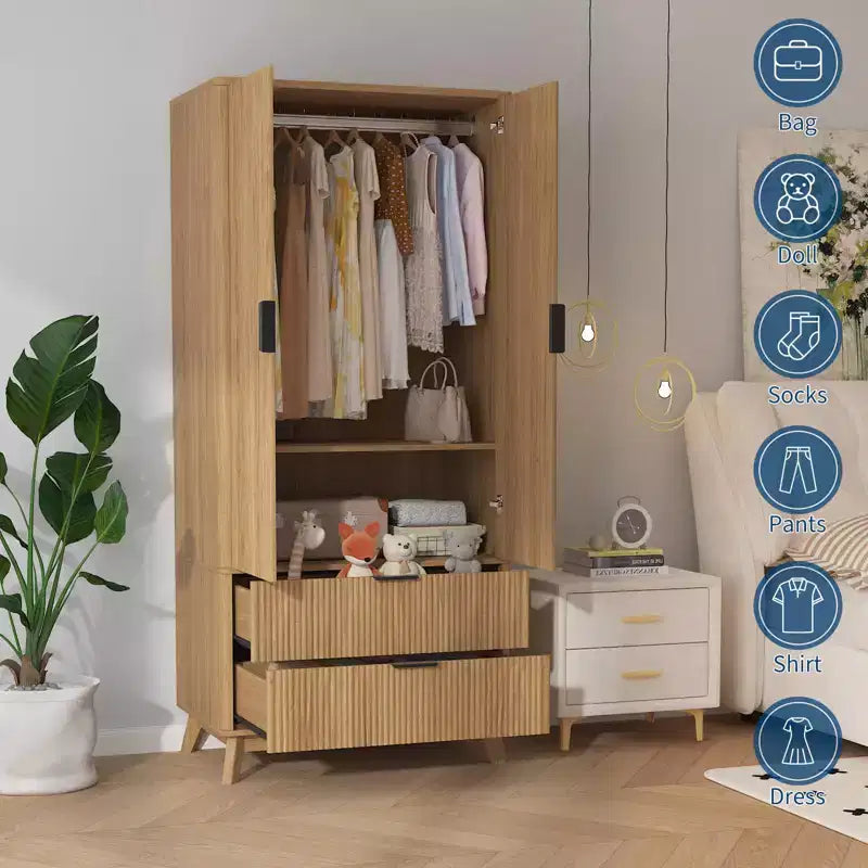 71 Wood Wardrobe Armoire with 2 Doors, Hanging Rod, Adjustable Shelf & 2 Drawers, Freestanding Bedroom Gym Closet Cabinet